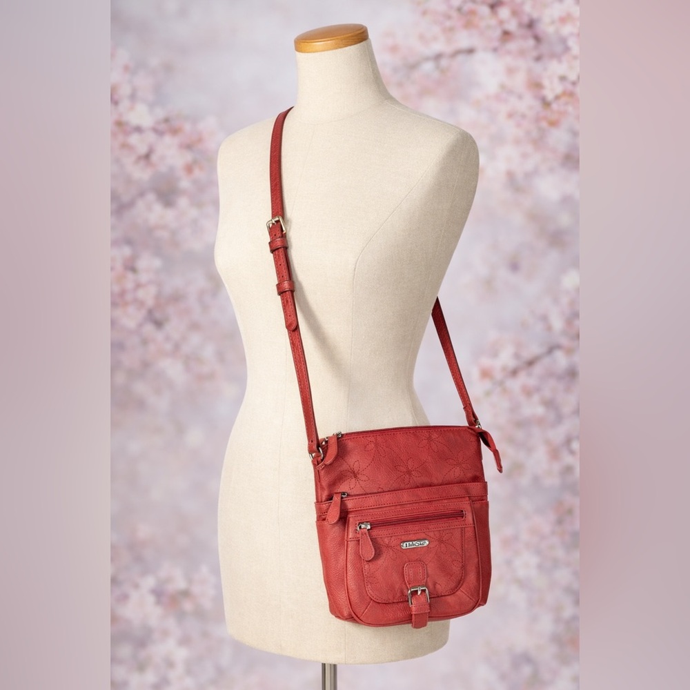 MultiSac Flare Red Crossbody Bag With Embroidered Flowers